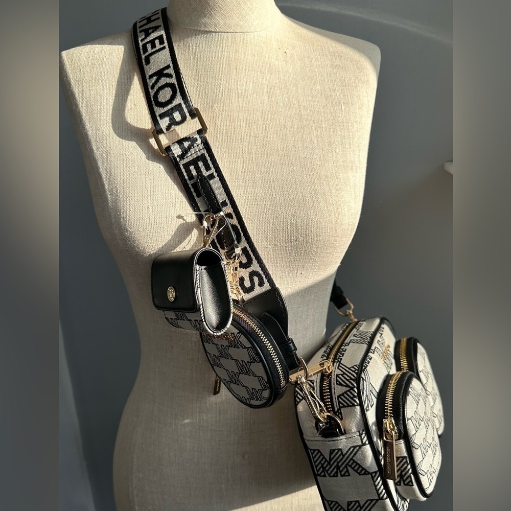 Michael Kors Jacquard Jet Set travel crossbody black tech pocket pouches multi - Picture 5 of 12